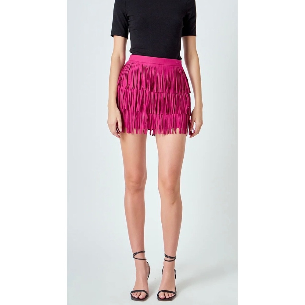 Hot Pink Faux Suede Fringe Mini Skirt Women's XL Glam Festival Going Out Cute